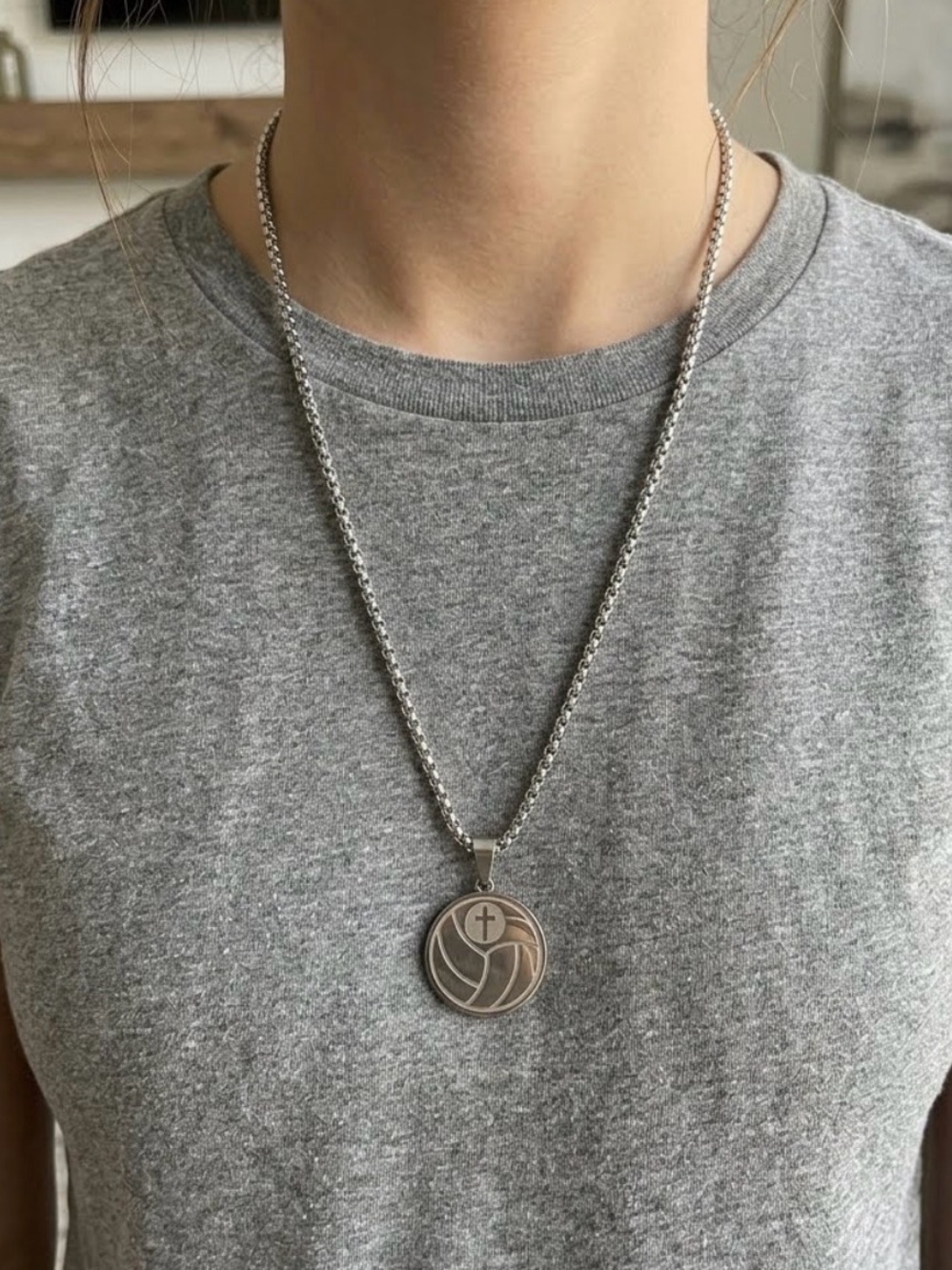 Round Stainless Steel Volleyball and Cross Pendant Necklace
